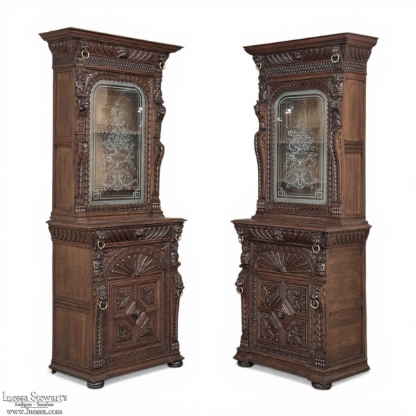 Pair 19th Century Flemish Oak Bookcases with Etched Glass