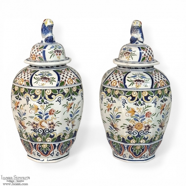 Pair of Boch Fr&egrave;res Keramis Polychrome Lidded Urns