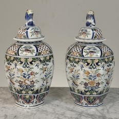 Pair of Boch Frères Keramis Polychrome Lidded Urns