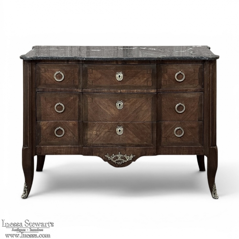19th Century French Transitional Louis XV-Louis XVI Marble Top Mahogany Commode