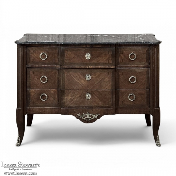 19th Century French Transitional Louis XV-Louis XVI Marble Top Mahogany Commode