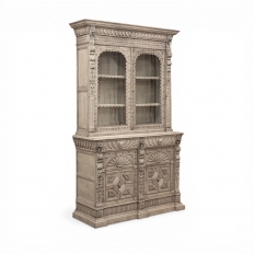 19th Century Belgian Hand-Carved Stripped Oak Bookcase