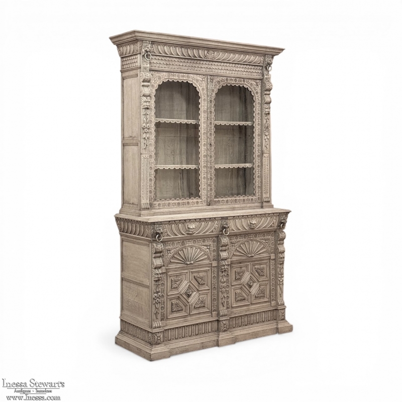 19th Century Belgian Hand-Carved Stripped Oak Bookcase