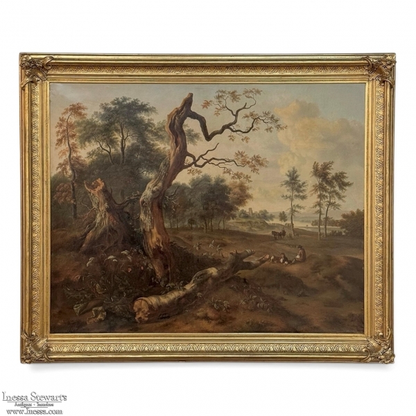 17th Century European Pastoral Landscape Oil on Canvas in Original Frame