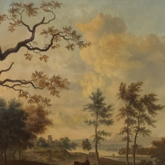 17th Century European Pastoral Landscape Oil on Canvas in Original Frame