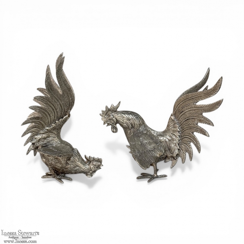 Pair of Antique Silver-Plated Brass Fighting Cocks