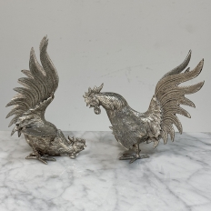 Pair of Antique Silver-Plated Brass Fighting Cocks