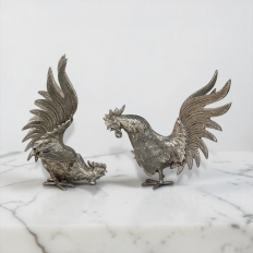 Pair of Antique Silver-Plated Brass Fighting Cocks