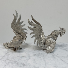 Pair of Antique Silver-Plated Brass Fighting Cocks
