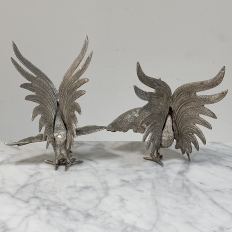 Pair of Antique Silver-Plated Brass Fighting Cocks