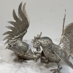 Pair of Antique Silver-Plated Brass Fighting Cocks