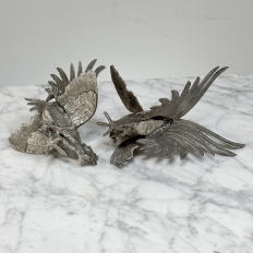 Pair of Antique Silver-Plated Brass Fighting Cocks