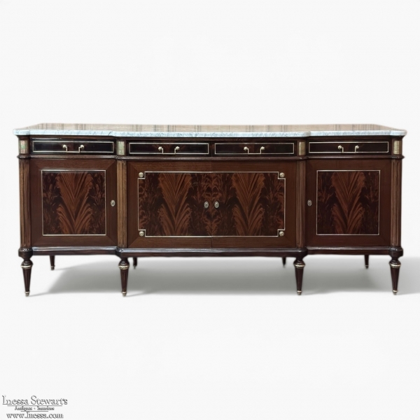 Antique Directoire Style French Mahogany Buffet with Carrara Marble Top