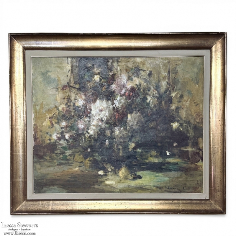 Framed Oil Painting on Canvas by Martin Bollé (1912–1968) 'Still Life with Bouquet of Roses' dated 1961