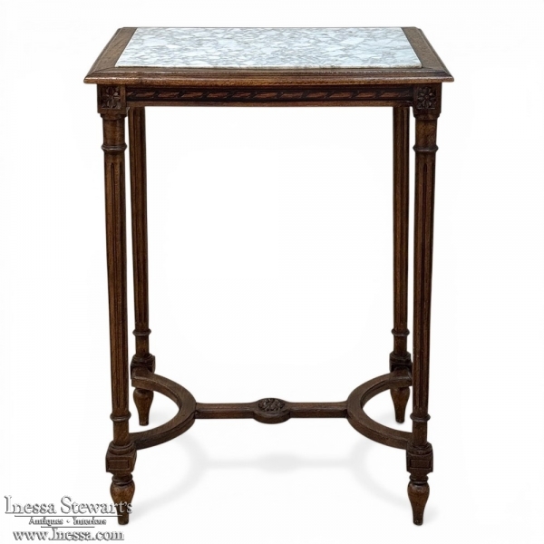 19th Century French Louis XVI Style Oak End Table with Carrara Marble