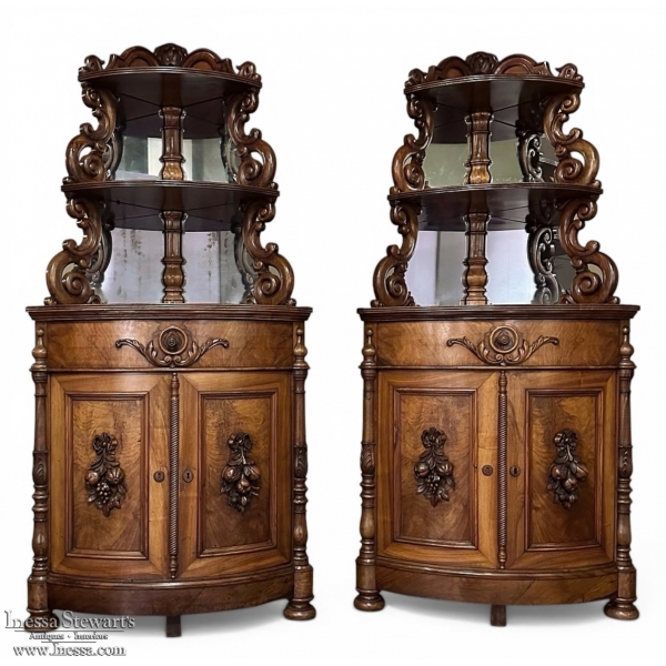 Pair 19th Century French Napoleon III Period Corner Cabinets ~ Vaisseliers