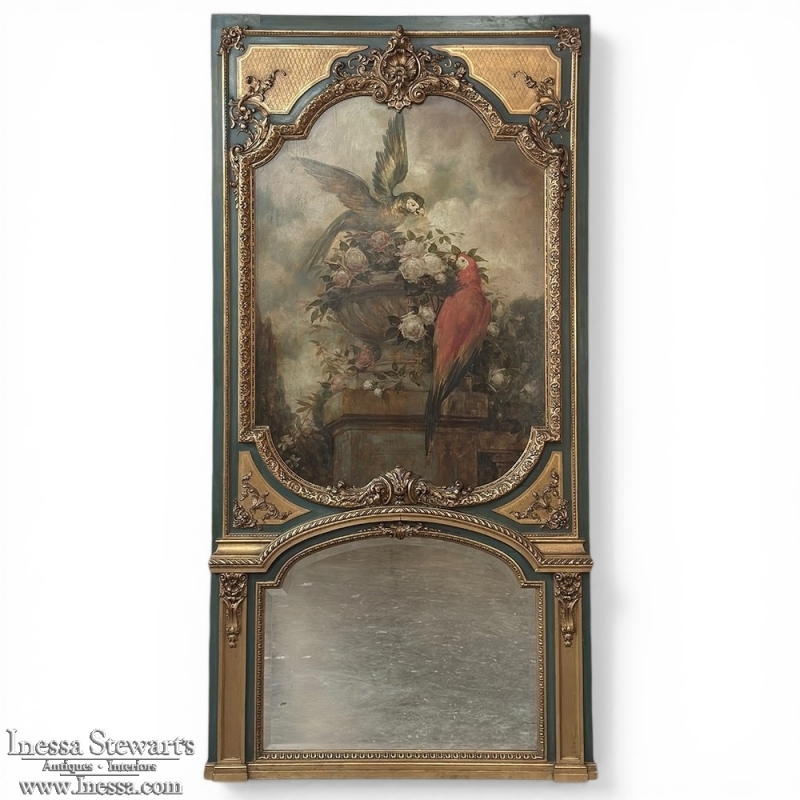 Monumental 19th Century Hand-Painted French Beaux-Arts Chateau Trumeau with Parrots
