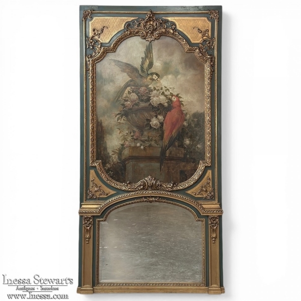 Monumental 19th Century Hand-Painted French Beaux-Arts Chateau Trumeau with Parrots