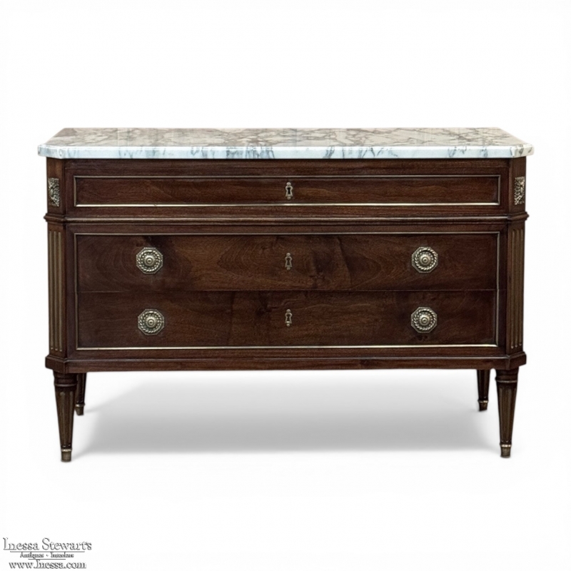Mid-Century French Mahogany Commode with Carrara Marble Top in Louis XVI Style