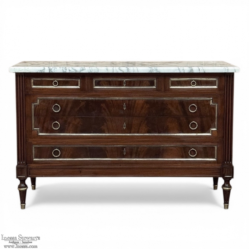 French Mahogany Louis XVI Style Commode with Carrara Marble Top