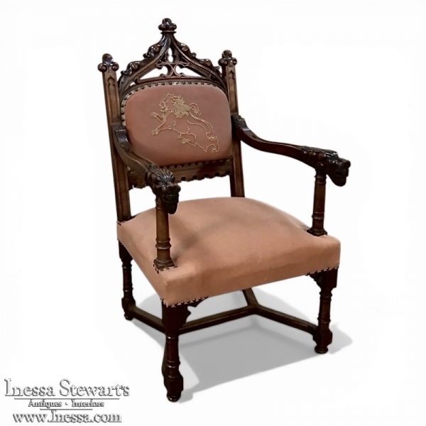 19th Century French Gothic Walnut Armchair with Embroidery