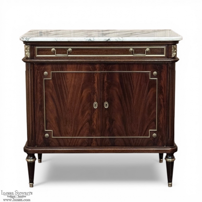 French Mahogany Louis XVI Style Two-Door Buffet with Carrara Marble Top
