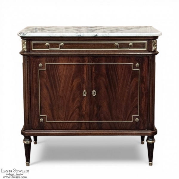 French Mahogany Louis XVI Style Two-Door Buffet with Carrara Marble Top