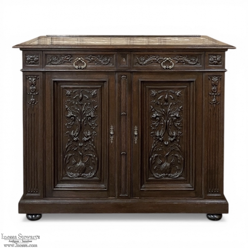 19th Century French Henri II Renaissance Revival Walnut Marble Top Buffet