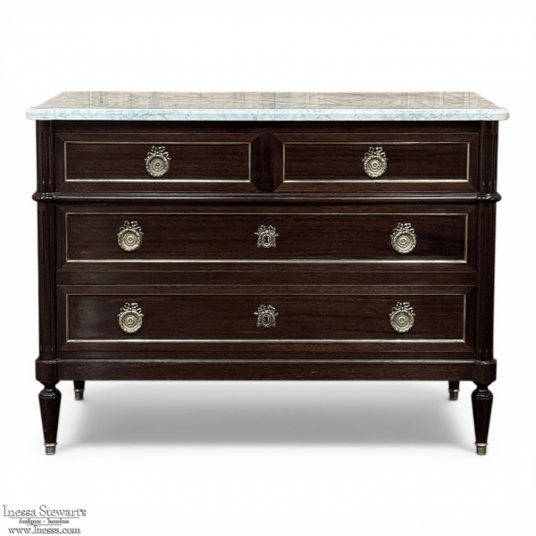 French Louis XVI Mahogany Carrara Marble Top Commode