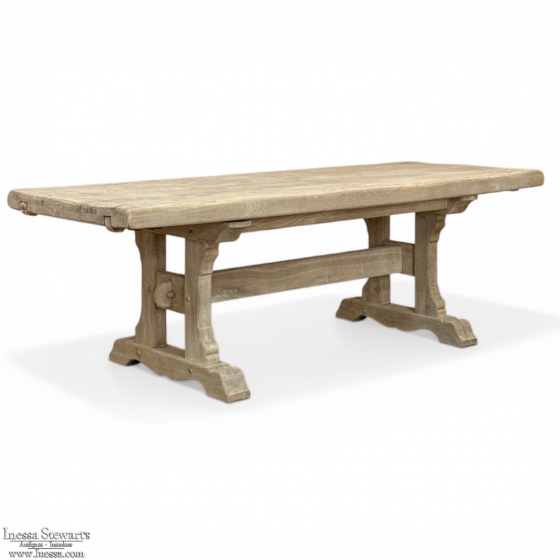 Vintage Rustic European Stripped Oak Trestle Dining Table