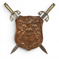 Vintage Decorative Embossed Copper Shield with Pair of Swords