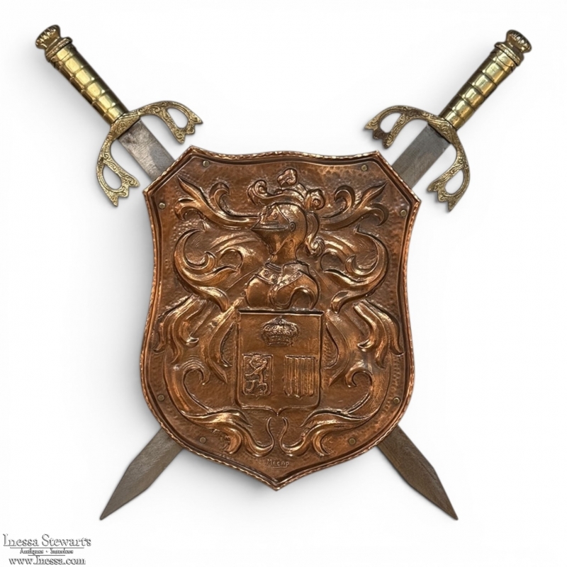 Vintage Decorative Embossed Copper Shield with Pair of Swords