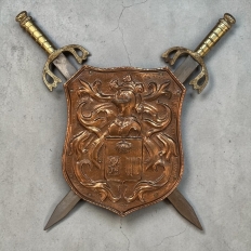 Vintage Decorative Embossed Copper Shield with Pair of Swords