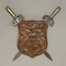 Vintage Decorative Embossed Copper Shield with Pair of Swords