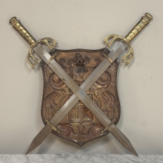 Vintage Decorative Embossed Copper Shield with Pair of Swords
