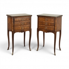 Pair of French Marble Top Marquetry Side Tables ~ Nightstands