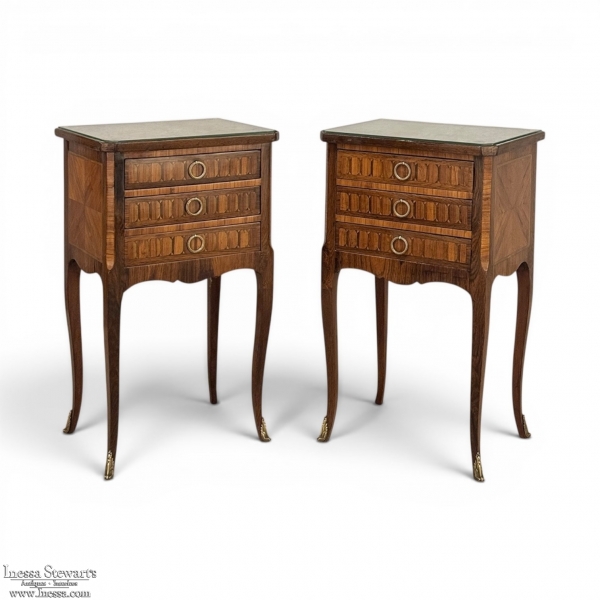 Pair of French Marble Top Marquetry Side Tables ~ Nightstands