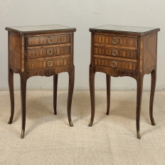 Pair of French Marble Top Marquetry Side Tables ~ Nightstands
