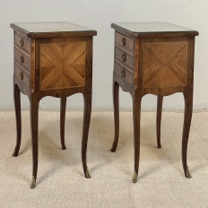 Pair of French Marble Top Marquetry Side Tables ~ Nightstands