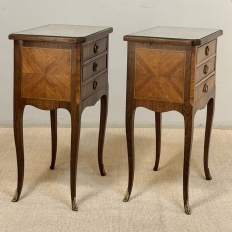 Pair of French Marble Top Marquetry Side Tables ~ Nightstands
