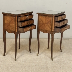 Pair of French Marble Top Marquetry Side Tables ~ Nightstands