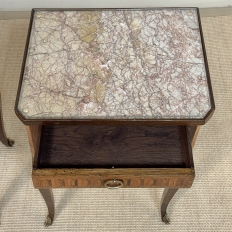 Pair of French Marble Top Marquetry Side Tables ~ Nightstands