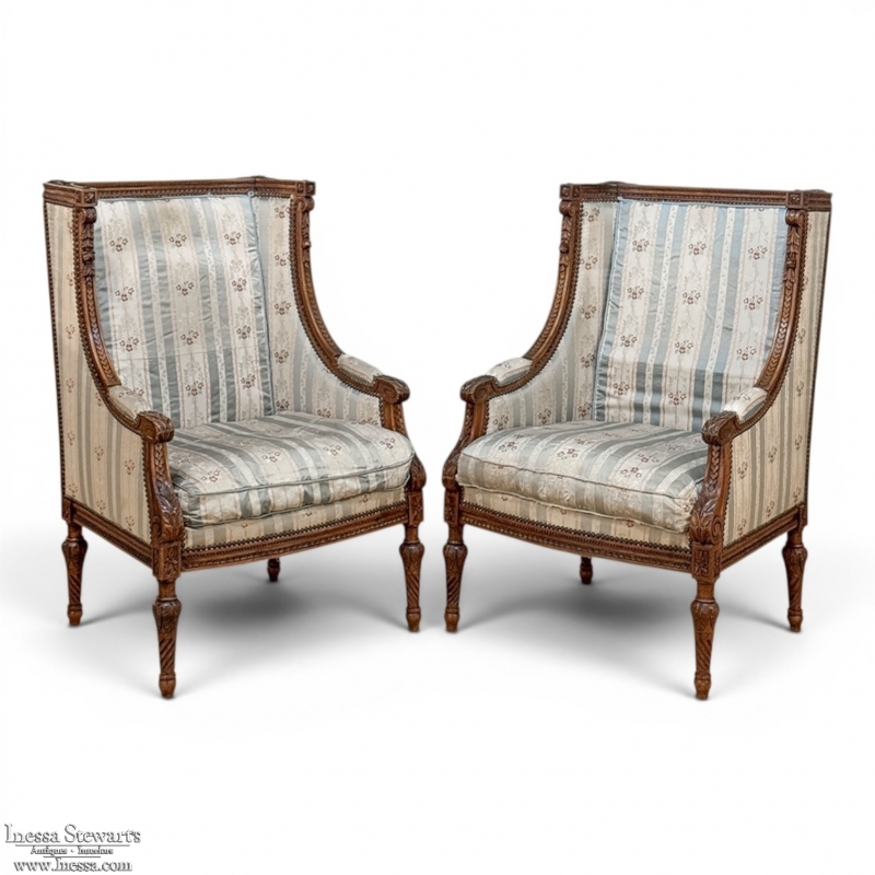 Pair 19th Century French Louis XVI Walnut Bergères ~ Armchairs