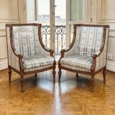 Pair 19th Century French Louis XVI Walnut Bergères ~ Armchairs