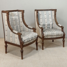 Pair 19th Century French Louis XVI Walnut Bergères ~ Armchairs