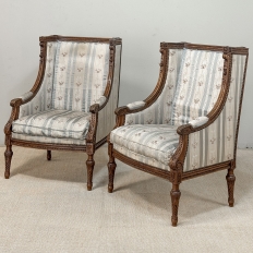 Pair 19th Century French Louis XVI Walnut Bergères ~ Armchairs