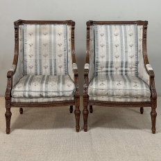 Pair 19th Century French Louis XVI Walnut Bergères ~ Armchairs