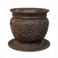 19th Century French Cast Iron Cache Pot with Saucer