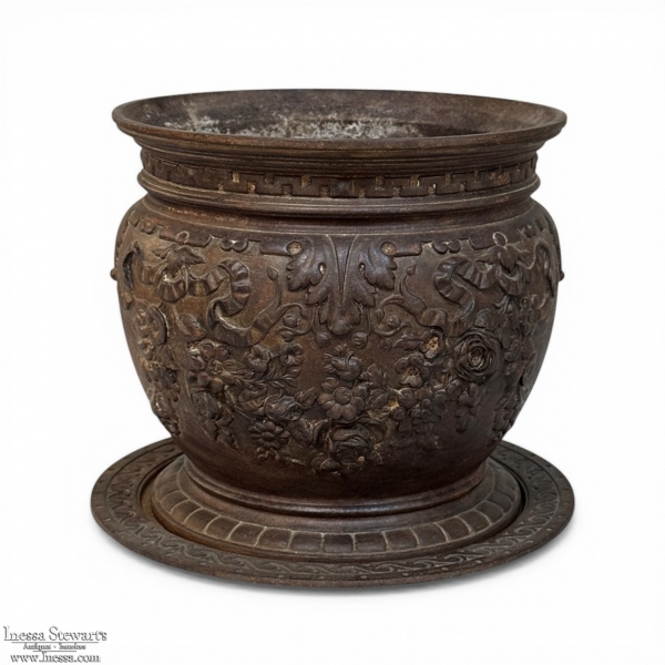 19th Century French Cast Iron Cache Pot with Saucer