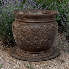 19th Century French Cast Iron Cache Pot with Saucer